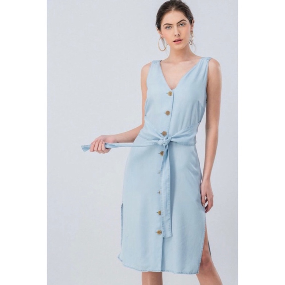 1 S Left!✨Soft Denim Tencel Tie Waist Midi Dress - Picture 2 of 6